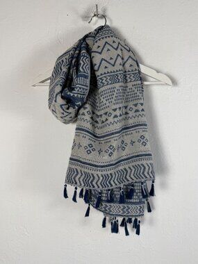 Springfield Tribal Aztec Scarf Navy Gray Tassels Boho Wrap Scarf 68x27